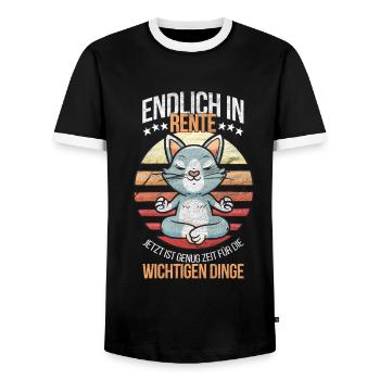 In Rente mit Yoga und Katzen lustige Rentnerin - Männer Kontrast-T-Shirt - Schwarz/Weiß - Vorne - AI Model Female 172 light (172cm) & AI Model Male 178 light (178cm)