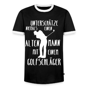 Alter Mann beim Golf spielen Abschlag Üben Eisen - Männer Kontrast-T-Shirt - Schwarz/Weiß - Vorne - AI Model Female 172 light (172cm) & AI Model Male 178 light (178cm)