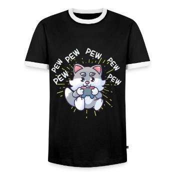 Pew Pew Gaming Cat Katze Videogame Zocken Konsole - Männer Kontrast-T-Shirt - Schwarz/Weiß - Vorne - AI Model Female 172 light (172cm) & AI Model Male 178 light (178cm)