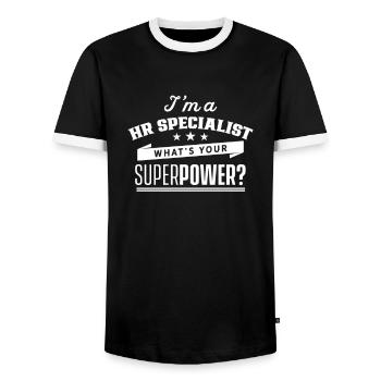 I am an HR Specialist Human Resources Job - Men's Ringer Shirt - black/white - Front - AI Model Female 172 light (172cm) & AI Model Male 178 light (178cm)