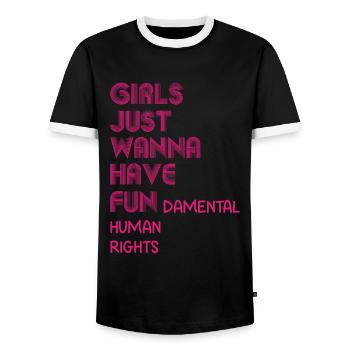 Women's equality - Men's Ringer Shirt - black/white - Front - AI Model Female 172 light (172cm) & AI Model Male 178 light (178cm)