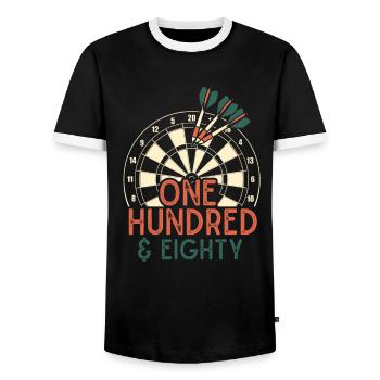 Vintage Darts Dartscheibe 180 One Hundred Eighty - Men's Ringer Shirt - black/white - Front - AI Model Female 172 light (172cm) & AI Model Male 178 light (178cm)