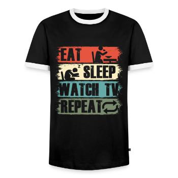 Eat Sleep Watch TV Television Movie Show Gift - Men's Ringer Shirt - black/white - Front - AI Model Female 172 light (172cm) & AI Model Male 178 light (178cm)
