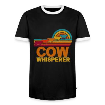 Colorful nostalgic retro farmer COW WHISPERER - Men's Ringer Shirt - black/white - Front - AI Model Female 172 light (172cm) & AI Model Male 178 light (178cm)