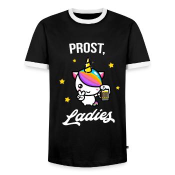 Prost, Ladies Funny Party Unicorn Beer Fun Woman - Men's Ringer Shirt - black/white - Front - AI Model Female 172 light (172cm) & AI Model Male 178 light (178cm)