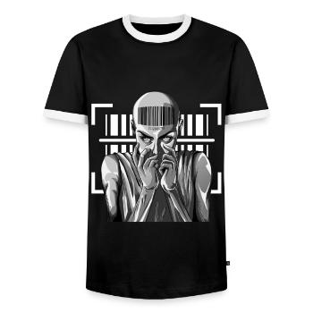 Barcode Punk Outfit - Registered in the system - Men's Ringer Shirt - black/white - Front - AI Model Female 172 light (172cm) & AI Model Male 178 light (178cm)