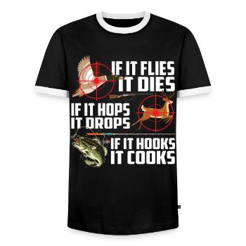 It Flies It Dies It Hops It Drops It Hooks It Cook - Männer Kontrast-T-Shirt - Schwarz/Weiß - Vorne - AI Model Female 172 light (172cm) & AI Model Male 178 light (178cm)