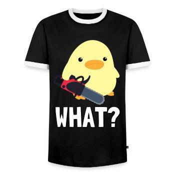 Qu’est-ce qu’il Canard avec tronçonneuse Meme Küken Idée cadeau - T-shirt contrasté Homme - noir/blanc - Devant - AI Model Female 172 light (172cm) & AI Model Male 178 light (178cm)