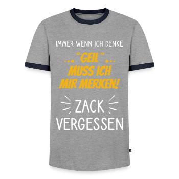 Geil muss ich mir merken - Zack vergessen - Männer Kontrast-T-Shirt - Grau/Navy  - Vorne - AI Model Female 172 light (172cm) & AI Model Male 178 light (178cm)