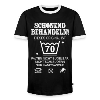 Schonend Behandeln Geschenk zum 70. Geburtstag - Männer Kontrast-T-Shirt - Schwarz/Weiß - Vorne - AI Model Female 172 light (172cm) & AI Model Male 178 light (178cm)