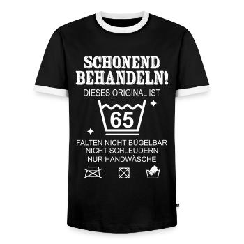 Schonend Behandeln Geschenk zum 65. Geburtstag - Männer Kontrast-T-Shirt - Schwarz/Weiß - Vorne - AI Model Female 172 light (172cm) & AI Model Male 178 light (178cm)