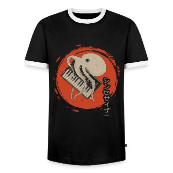 Japanese Analog Synthesizer Octopus Synth Music - Men's Ringer Shirt - black/white - Front - AI Model Female 172 light (172cm) & AI Model Male 178 light (178cm)