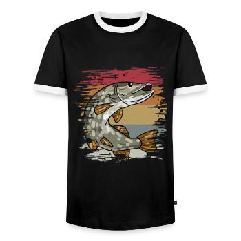 Pike Fishing Retro - Men's Ringer Shirt - black/white - Front - AI Model Female 172 light (172cm) & AI Model Male 178 light (178cm)