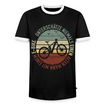 Alten Mann mit einem E-Bike Fahrrad - eBike Spruch - Männer Kontrast-T-Shirt - Schwarz/Weiß - Vorne - AI Model Female 172 light (172cm) & AI Model Male 178 light (178cm)