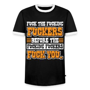 Funny Sayings Sayings Fuck You Irony Sarcasm - Men's Ringer Shirt - black/white - Front - AI Model Female 172 light (172cm) & AI Model Male 178 light (178cm)