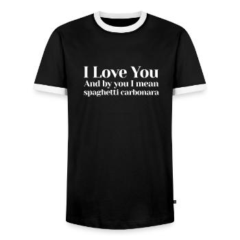 I love you. And by you I mean Spaghetti Carbonara. - Männer Kontrast-T-Shirt - Schwarz/Weiß - Vorne - AI Model Female 172 light (172cm) & AI Model Male 178 light (178cm)