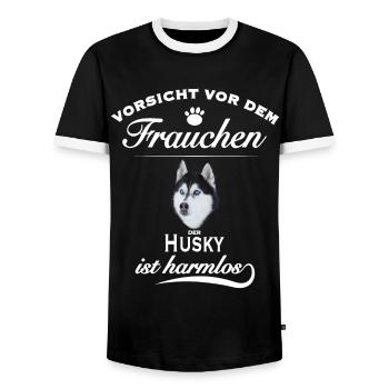Vorsicht vor dem Frauchen - Der Husky ist harmlos - Männer Kontrast-T-Shirt - Schwarz/Weiß - Vorne - AI Model Female 172 light (172cm) & AI Model Male 178 light (178cm)