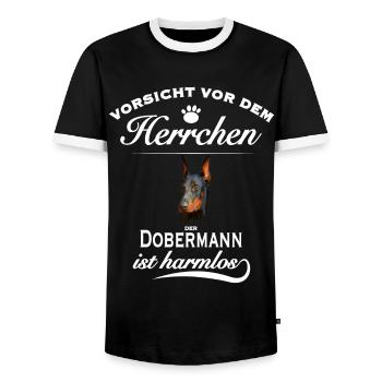 Dobermann - Vorsicht vor dem Herrchen - Männer Kontrast-T-Shirt - Schwarz/Weiß - Vorne - AI Model Female 172 light (172cm) & AI Model Male 178 light (178cm)