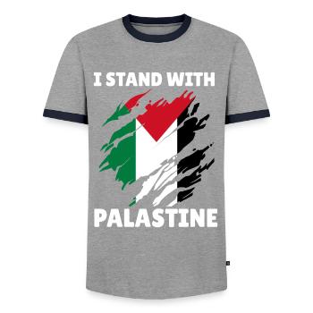 Palestinian Flag I Stand With Palestine - Men's Ringer Shirt - grey/navy  - Front - AI Model Female 172 light (172cm) & AI Model Male 178 light (178cm)