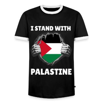 I Stand With Palestine Palestinian Flag - Men's Ringer Shirt - black/white - Front - AI Model Female 172 light (172cm) & AI Model Male 178 light (178cm)