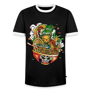 Ramen Dragon In Daruma Bowl Vaporwave Kanagawa - Men's Ringer Shirt - black/white - Front - AI Model Female 172 light (172cm) & AI Model Male 178 light (178cm)