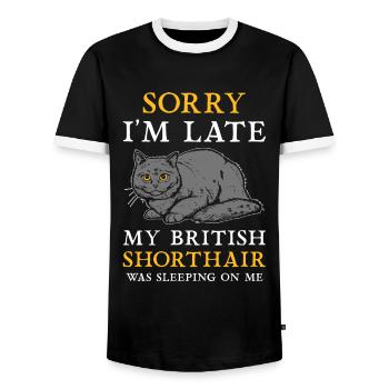 Chat British Shorthair BKH - T-shirt contrasté Homme - noir/blanc - Devant - AI Model Female 172 light (172cm) & AI Model Male 178 light (178cm)