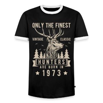 Hunter gift 1973 - Men's Ringer Shirt - black/white - Front - AI Model Female 172 light (172cm) & AI Model Male 178 light (178cm)