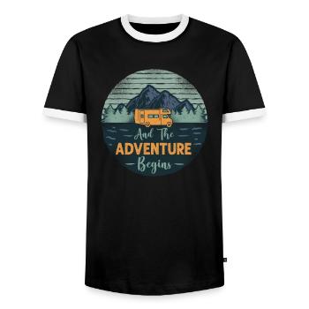 Camping And The Adventure Begins - Men's Ringer Shirt - black/white - Front - AI Model Female 172 light (172cm) & AI Model Male 178 light (178cm)