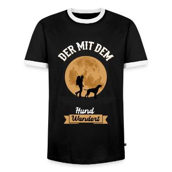 Der mit dem Hund Wandert - Wandern Gassi Spruch - Männer Kontrast-T-Shirt - Schwarz/Weiß - Vorne - AI Model Female 172 light (172cm) & AI Model Male 178 light (178cm)