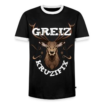 Greiz Kruzifix Fluchen bayrischer Dialekt Hirsch - Männer Kontrast-T-Shirt - Schwarz/Weiß - Vorne - AI Model Female 172 light (172cm) & AI Model Male 178 light (178cm)