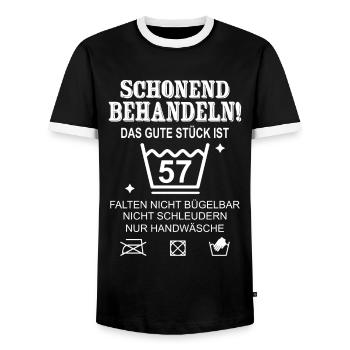 Schonend Behandeln Geschenk zum 57. Geburtstag - Männer Kontrast-T-Shirt - Schwarz/Weiß - Vorne - AI Model Female 172 light (172cm) & AI Model Male 178 light (178cm)