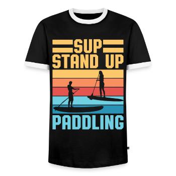 SUP Stand Up Paddling Wassersport Surfboard Retro - Männer Kontrast-T-Shirt - Schwarz/Weiß - Vorne - AI Model Female 172 light (172cm) & AI Model Male 178 light (178cm)