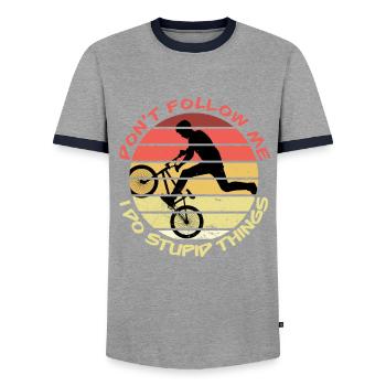 Don’t Follow Me BMX Vélo Cycliste VTT Cadeau - T-shirt contrasté Homme - gris/marine  - Devant - AI Model Female 172 light (172cm) & AI Model Male 178 light (178cm)