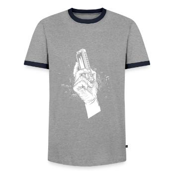 Harmonica Blues Mouth Organ Acoustic Instrument - Men's Ringer Shirt - grey/navy  - Front - AI Model Female 172 light (172cm) & AI Model Male 178 light (178cm)