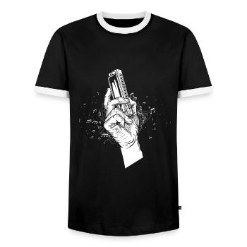 Harmonica Blues Mouth Organ Acoustic Instrument - Men's Ringer Shirt - black/white - Front - AI Model Female 172 light (172cm) & AI Model Male 178 light (178cm)