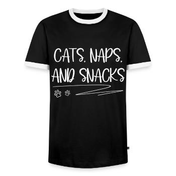 Cats Naps And Snacks Paw Kitten Owner Pet Gift - Men's Ringer Shirt - black/white - Front - AI Model Female 172 light (172cm) & AI Model Male 178 light (178cm)