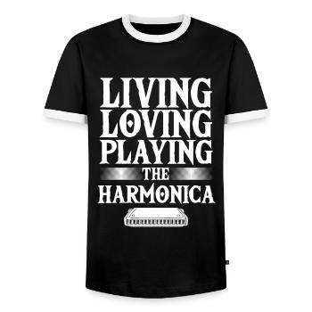 Love Playing Harmonica Instrument Blues Music Gift - Men's Ringer Shirt - black/white - Front - AI Model Female 172 light (172cm) & AI Model Male 178 light (178cm)