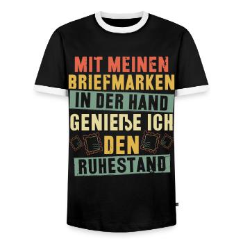 Mit meinen Briefmarken genieße ich den Ruhestand - Männer Kontrast-T-Shirt - Schwarz/Weiß - Vorne - AI Model Female 172 light (172cm) & AI Model Male 178 light (178cm)