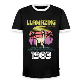 Llamazing Since born 1983 Birthday 38 years - Men's Ringer Shirt - black/white - Front - AI Model Female 172 light (172cm) & AI Model Male 178 light (178cm)