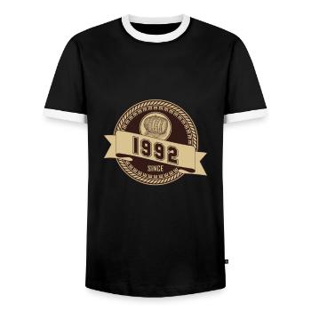 Vintage Legendary since 1992 birthday - Men's Ringer Shirt - black/white - Front - AI Model Female 172 light (172cm) & AI Model Male 178 light (178cm)