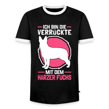 Verrückte mit Harzer Fuchs altdeutscher Hütehund - Männer Kontrast-T-Shirt - Schwarz/Weiß - Vorne - AI Model Female 172 light (172cm) & AI Model Male 178 light (178cm)