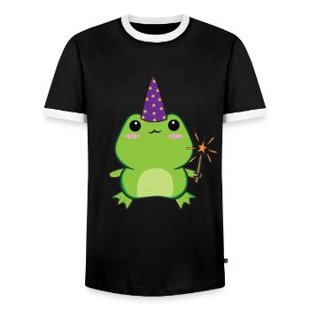 Cottagecore Aesthetic Kawaii Wizard Hat Magic - Men's Ringer Shirt - black/white - Front - AI Model Female 172 light (172cm) & AI Model Male 178 light (178cm)