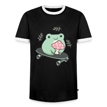 Cottagecore Aesthetic Kawaii Skateboarding Frog - Men's Ringer Shirt - black/white - Front - AI Model Female 172 light (172cm) & AI Model Male 178 light (178cm)