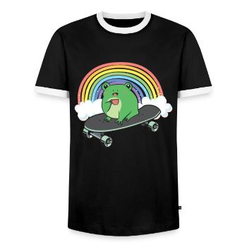 Cottagecore Aesthetic Cute Skateboarding Frog - Men's Ringer Shirt - black/white - Front - AI Model Female 172 light (172cm) & AI Model Male 178 light (178cm)