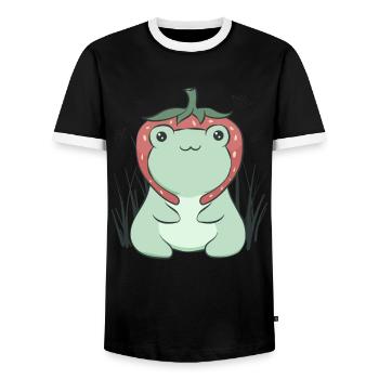 Cottagecore Aesthetic Kawaii Frog Strawberry Hat - Men's Ringer Shirt - black/white - Front - AI Model Female 172 light (172cm) & AI Model Male 178 light (178cm)
