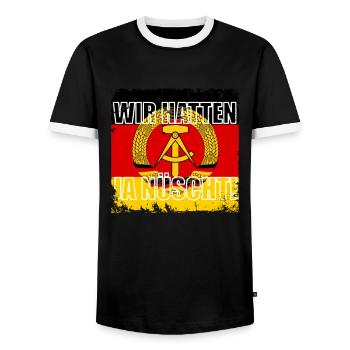 DDR Ostdeutschland Ossi Wir hatten ja nüscht - Männer Kontrast-T-Shirt - Schwarz/Weiß - Vorne - AI Model Female 172 light (172cm) & AI Model Male 178 light (178cm)