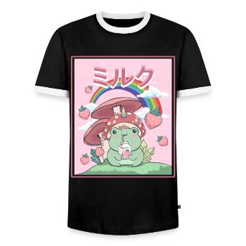 Cottagecore Aesthetic Frog Drinks Japanese Milk - Men's Ringer Shirt - black/white - Front - AI Model Female 172 light (172cm) & AI Model Male 178 light (178cm)