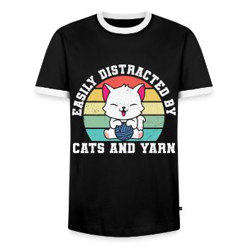 Facilement distrait par les chats et la couture de crocheteur de fil - T-shirt contrasté Homme - noir/blanc - Devant - AI Model Female 172 light (172cm) & AI Model Male 178 light (178cm)