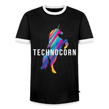 Technocorn Repeat Festival EDM Music - Men's Ringer Shirt - black/white - Front - AI Model Female 172 light (172cm) & AI Model Male 178 light (178cm)