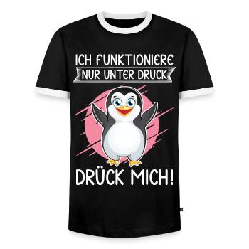 Ich funtioniere nur unter Druck. Drück mich. - Männer Kontrast-T-Shirt - Schwarz/Weiß - Vorne - AI Model Female 172 light (172cm) & AI Model Male 178 light (178cm)